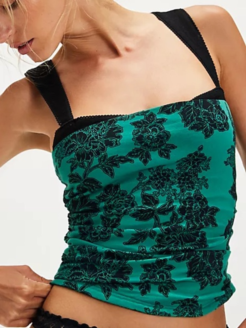 Free People Teal Floral Burnout Camisole with Black Trim